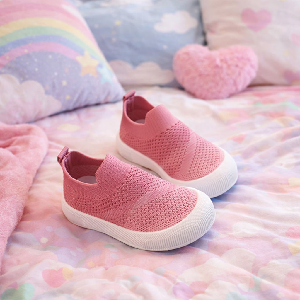Pair of pink children's shoes on a soft, colorful surface with pillows in the background.