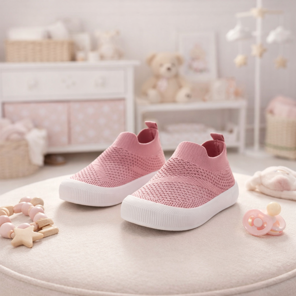 Pink children's shoes on a surface with a soft, blurred background of toys and furniture.