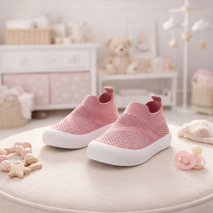 Pink children's shoes on a surface with a soft, blurred background of toys and furniture.