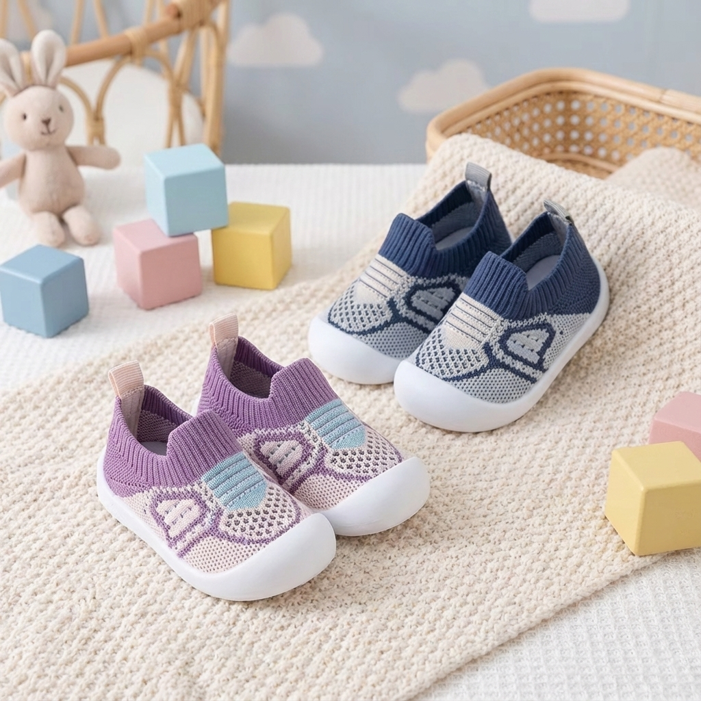 Two pairs of soft-soled toddler shoes in purple and blue knit fabric with white soles on a beige rug.
