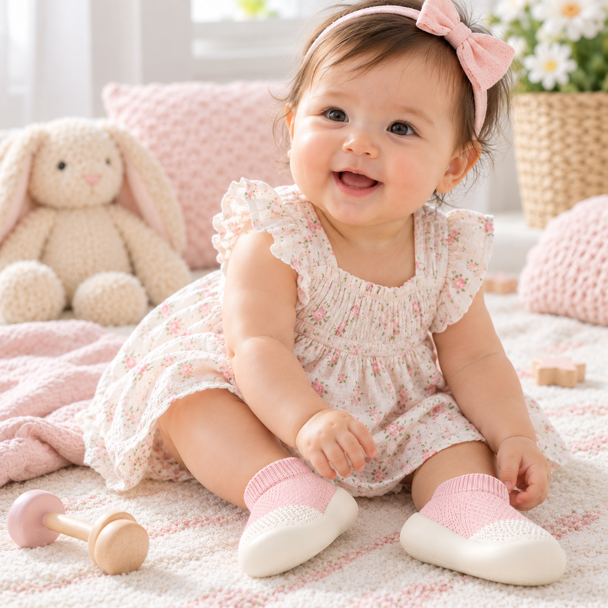 A smiling baby girl sitting on a soft pink blanket, wearing a white smocked romper with a pink floral print, pink knit socks, and a pink bow headband. A plush bunny toy, wooden toy, and pink knit pillows are visible in a bright nursery setting.
