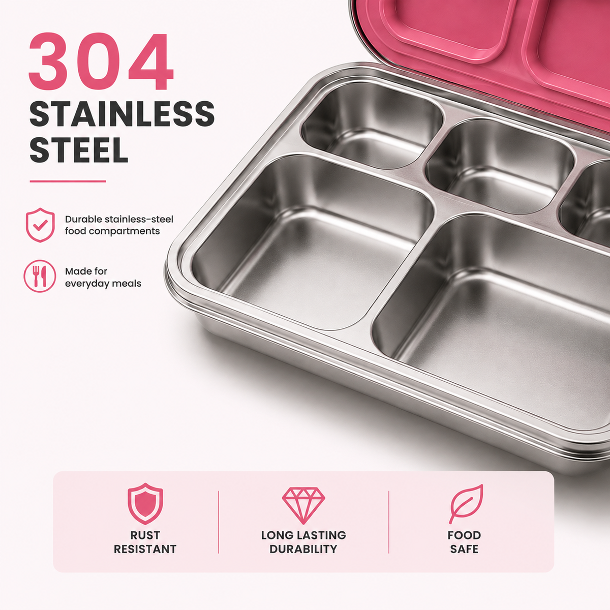 A stainless steel compartment lunch tray with a pink lid, shown on a white background with marketing text reading '304 STAINLESS STEEL' and feature icons for rust resistance, long lasting durability, and food safety.