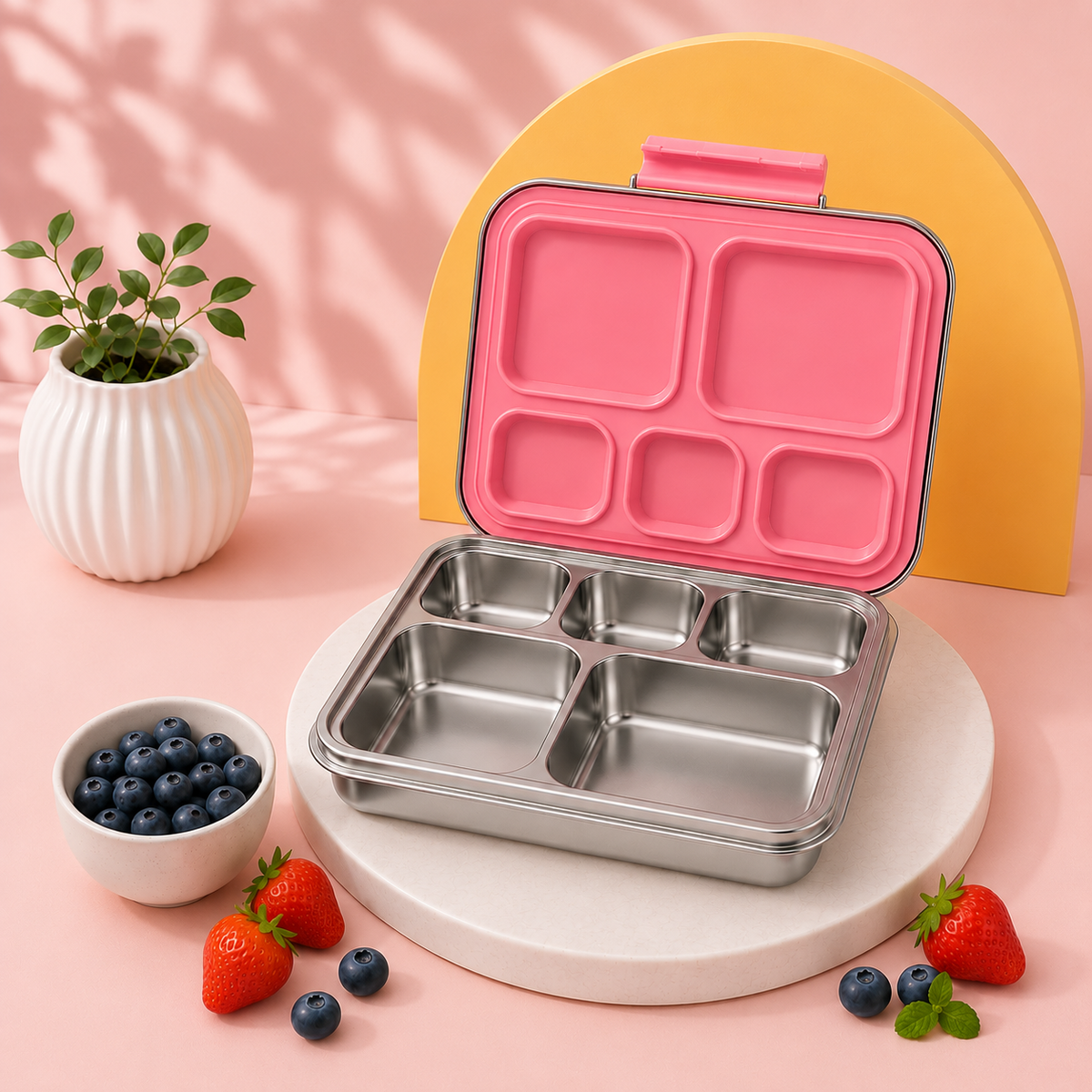Two stainless steel compartment lunch boxes with pink lids are displayed on a light blue studio set. One box is closed and placed on the left, while the other is open and sits on a round pedestal on the right.