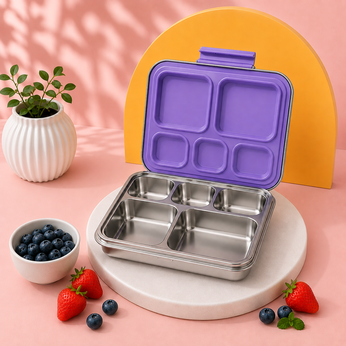 A stainless steel bento lunch box with a purple compartment lid, shown open on a round white platter. The scene is styled with strawberries, blueberries, a small potted plant, and a yellow arch backdrop on a pink surface.