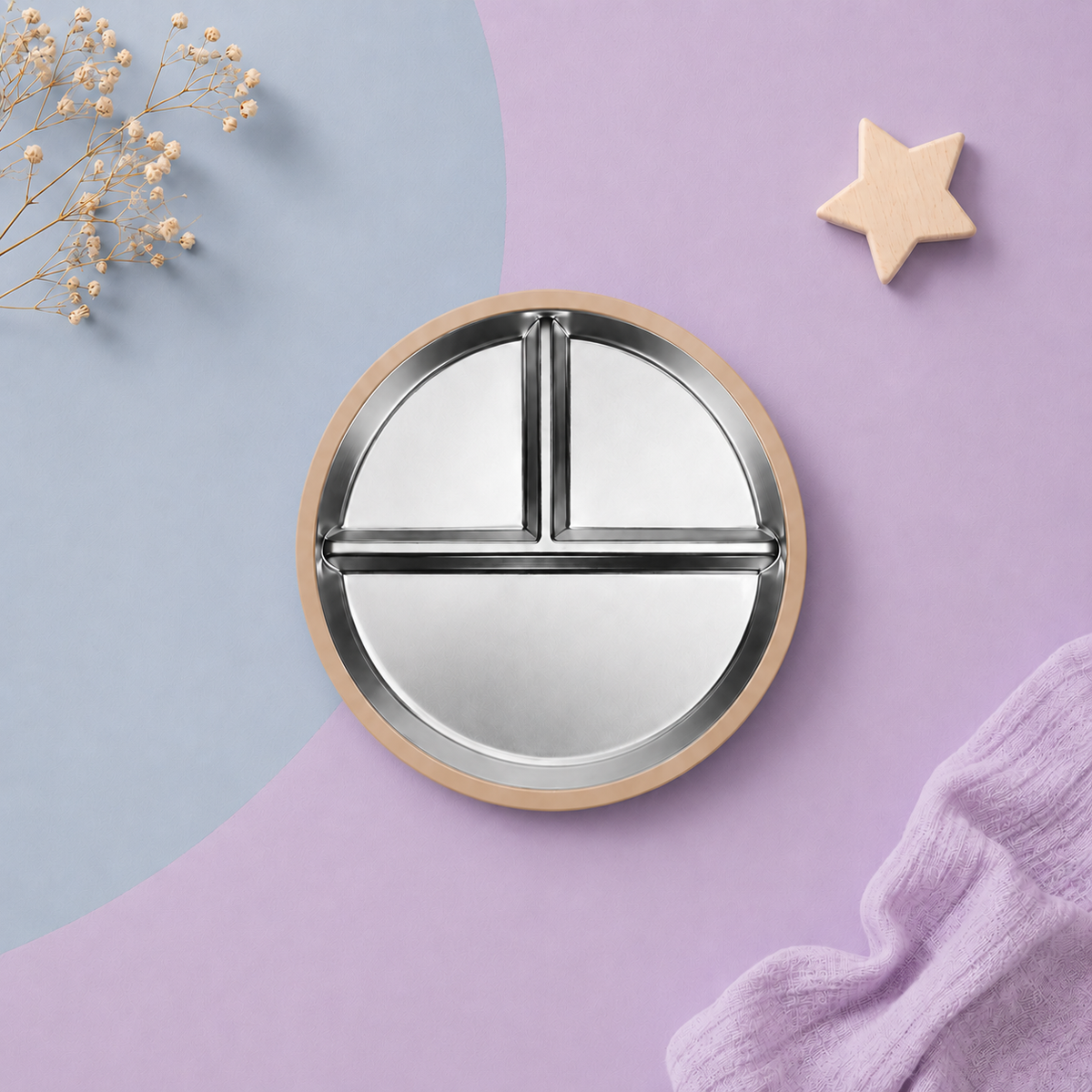 Round mirror with a metallic frame on a Latte background
