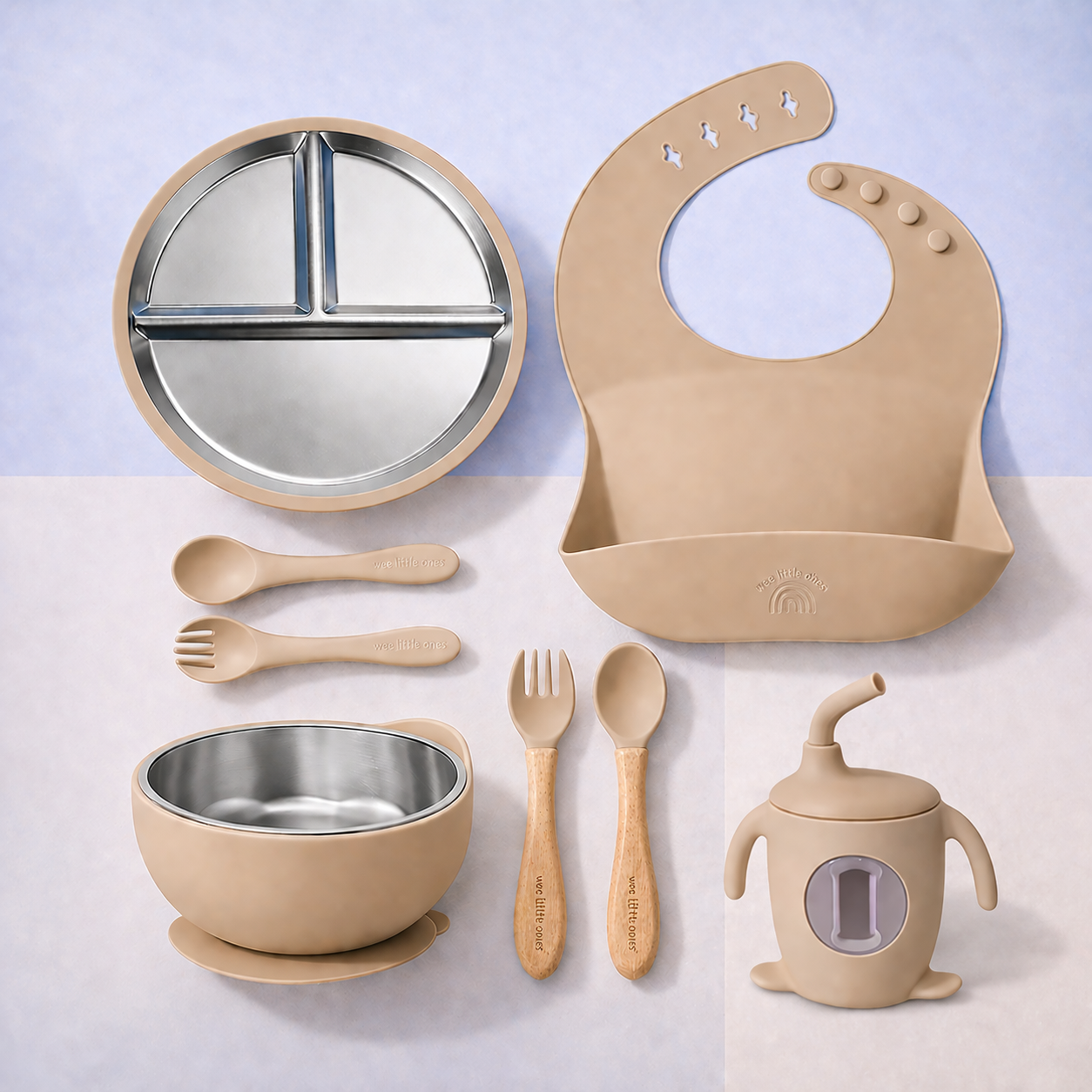 Children's dining set with beige bib, bowl, spoon, fork, and cup on a light purple background