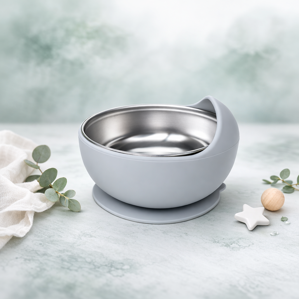 Gray baby bowl with a metallic interior on a light surface with decorative elements.