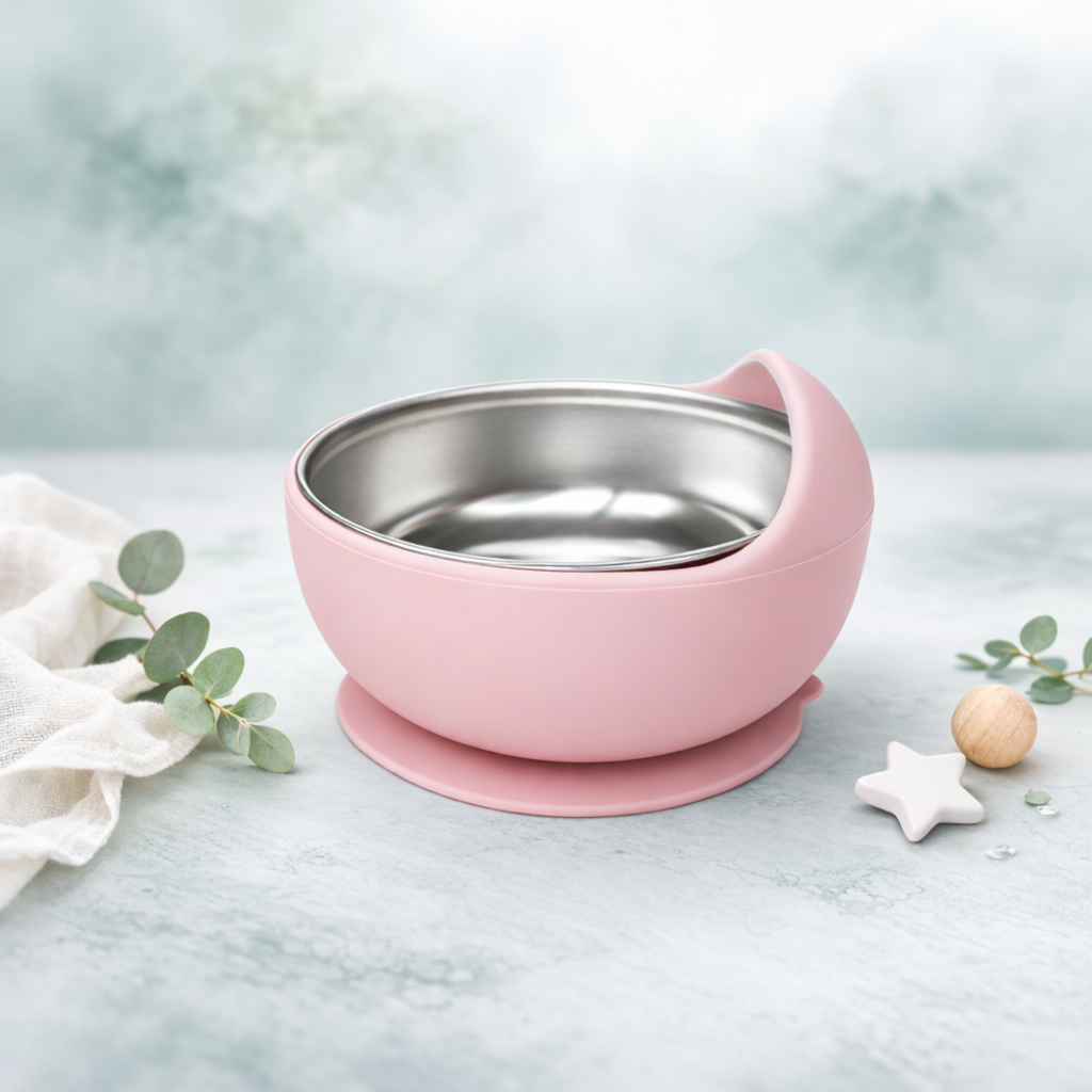 Pink baby bowl with a stainless steel interior on a light blue background