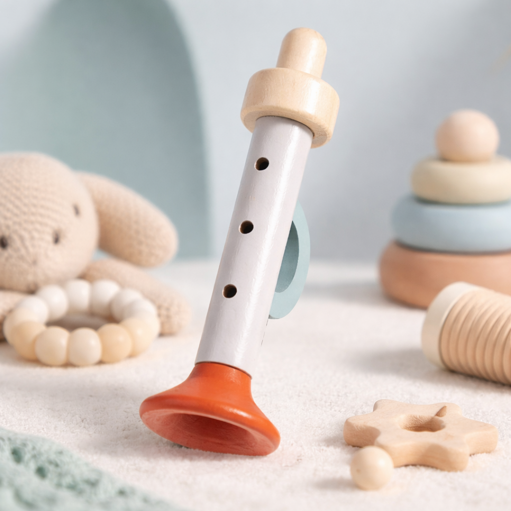 Children's toy flute with wooden and silicone elements on a soft surface
