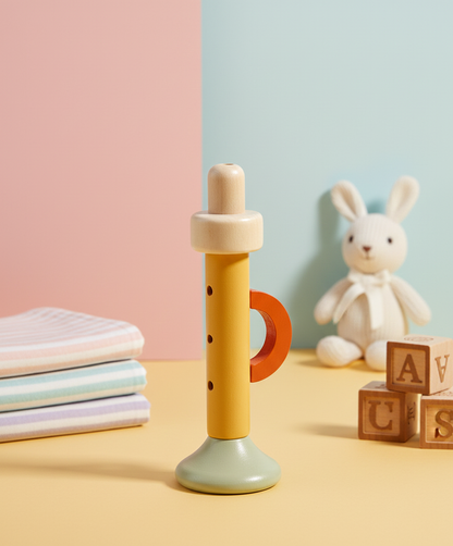 Wooden baby trumpet toy in yellow and green with orange handle, surrounded by folded cloths and plush bunny toy.