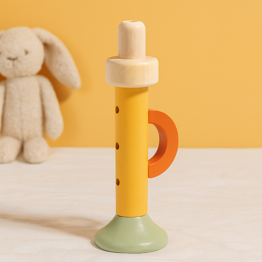 Wooden baby trumpet toy with orange handle and green base on white surface.