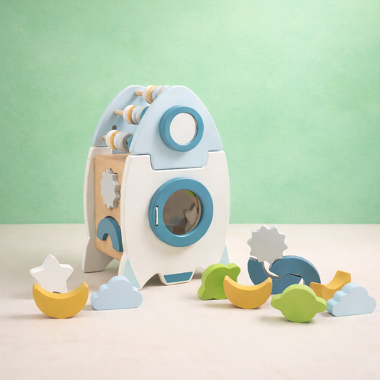 Wooden toy with geometric shapes on a light green background