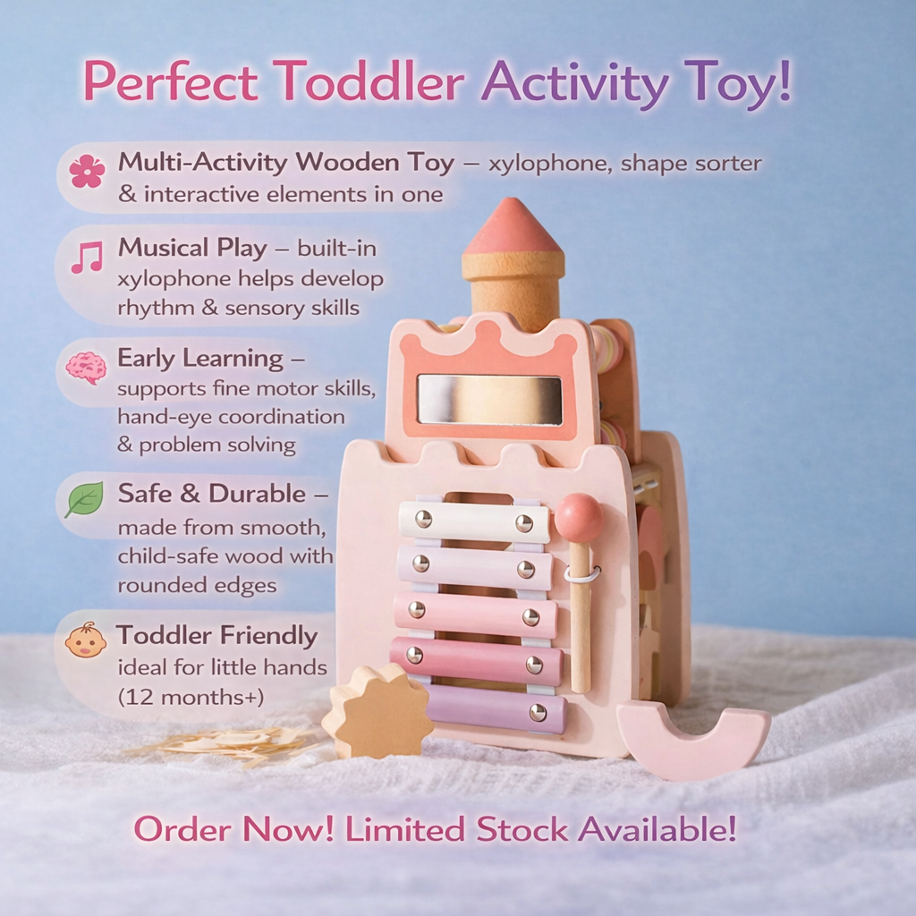 Wooden toy with castle design and xylophone, on a light blue background with promotional text.