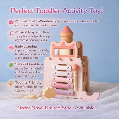 Wooden toy with castle design and xylophone, on a light blue background with promotional text.