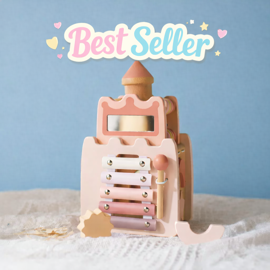 Pastel-colored wooden toy with 'Best Seller' text on a light blue background