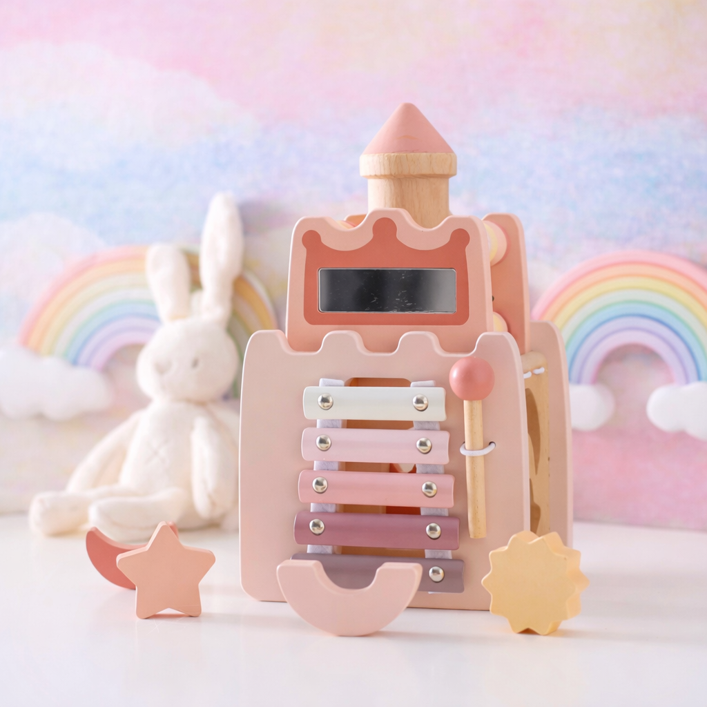 Wooden toy xylophone with pastel colors on a soft background with rainbow and cloud decorations.