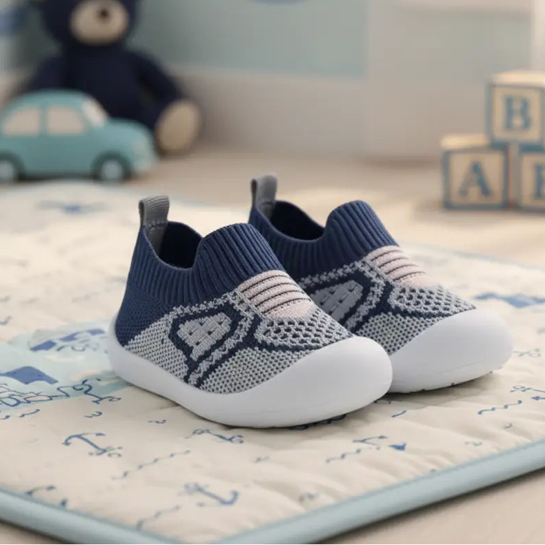 Navy and gray knitted soft-soled toddler shoes with white rubber toes and slip-on ankle cuffs.