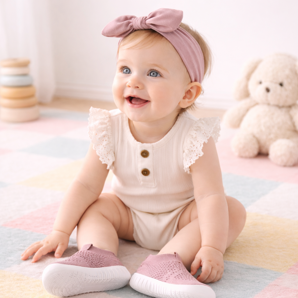 Baby sitting on a colorful rug wearing pink shoes