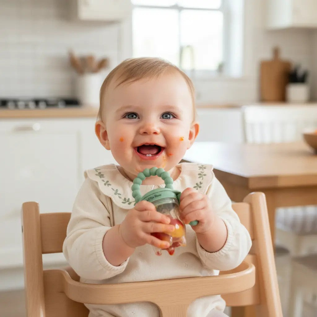 Baby sitting in a high chair holding a teething ring in a kitchen.