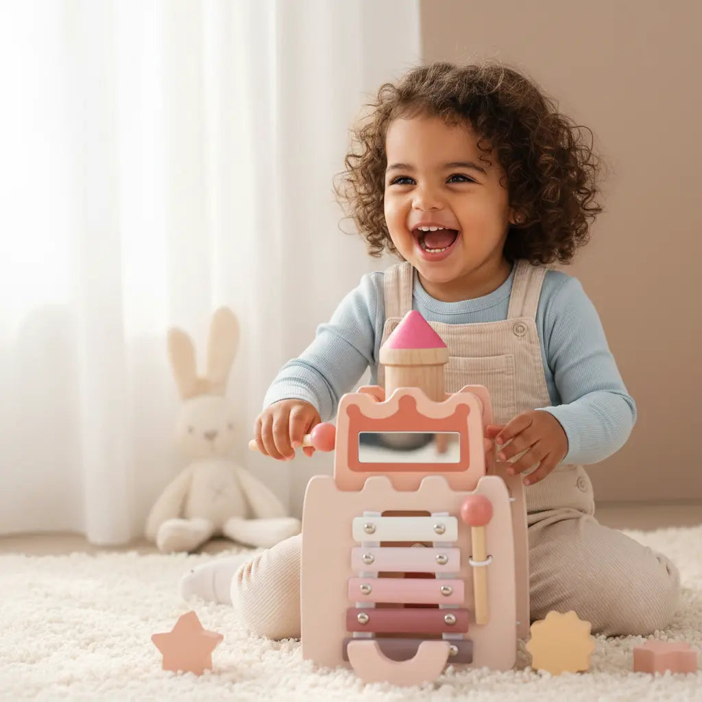 Wooden pink princess castle toy with xylophone and star-shaped blocks being played by a smiling child.