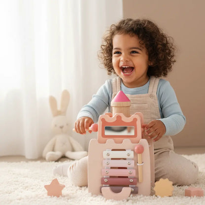 Wooden pink princess castle toy with xylophone and star-shaped blocks being played by a smiling child.