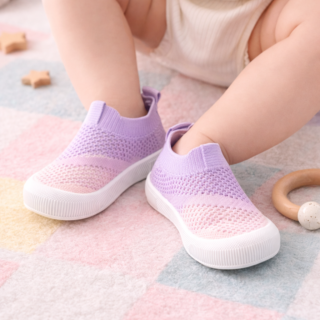 Child wearing purple and pink gradient shoes on a colorful checkered floor.