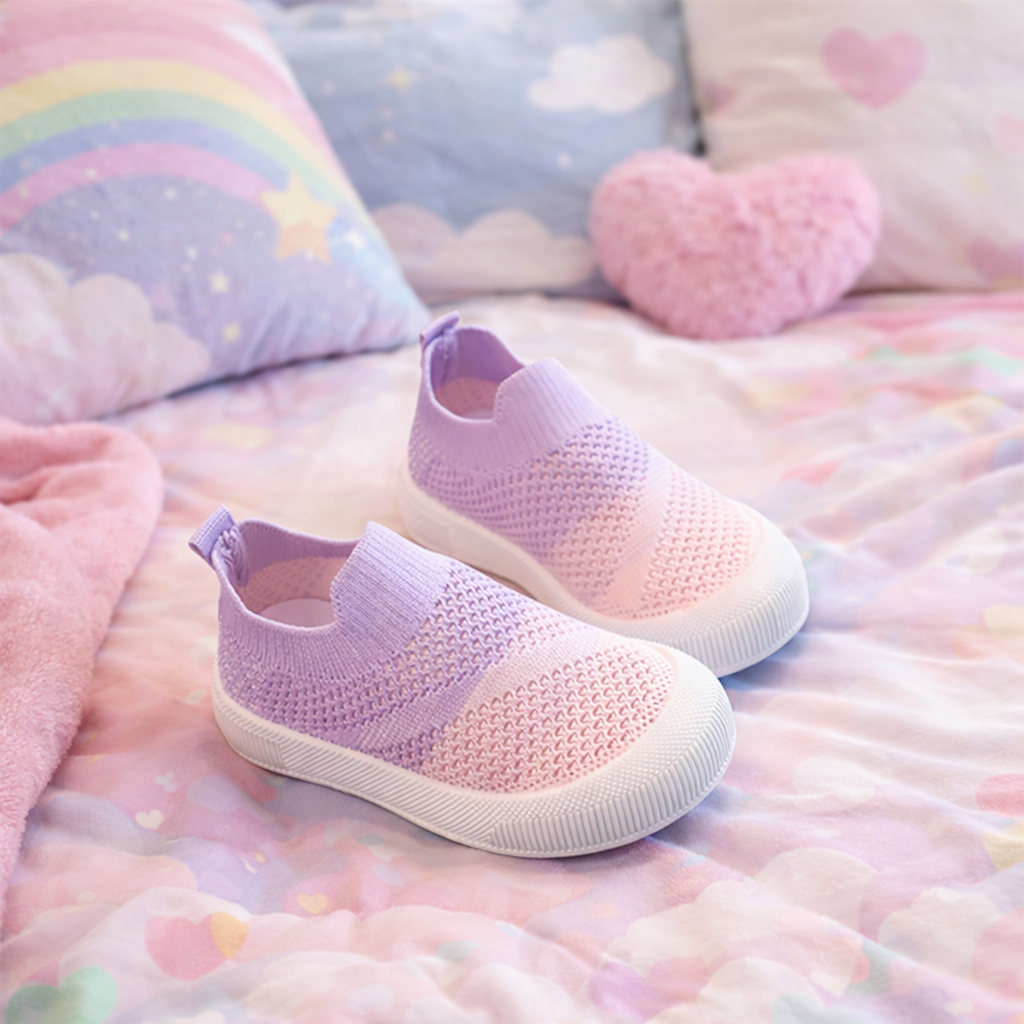 Pair of pink and white children's shoes on a soft, colorful background