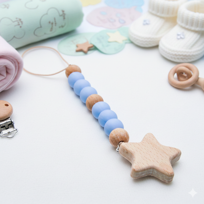 Pacifier clip with blue silicone and wooden beads featuring a wooden star-shaped charm.