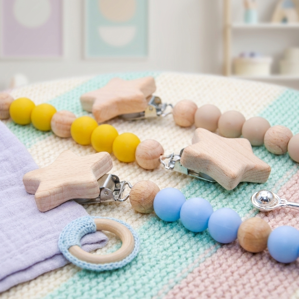 Wooden pacifier clips with star-shaped clips and round beads in blue, yellow, and natural wood colors on a pastel blanket.