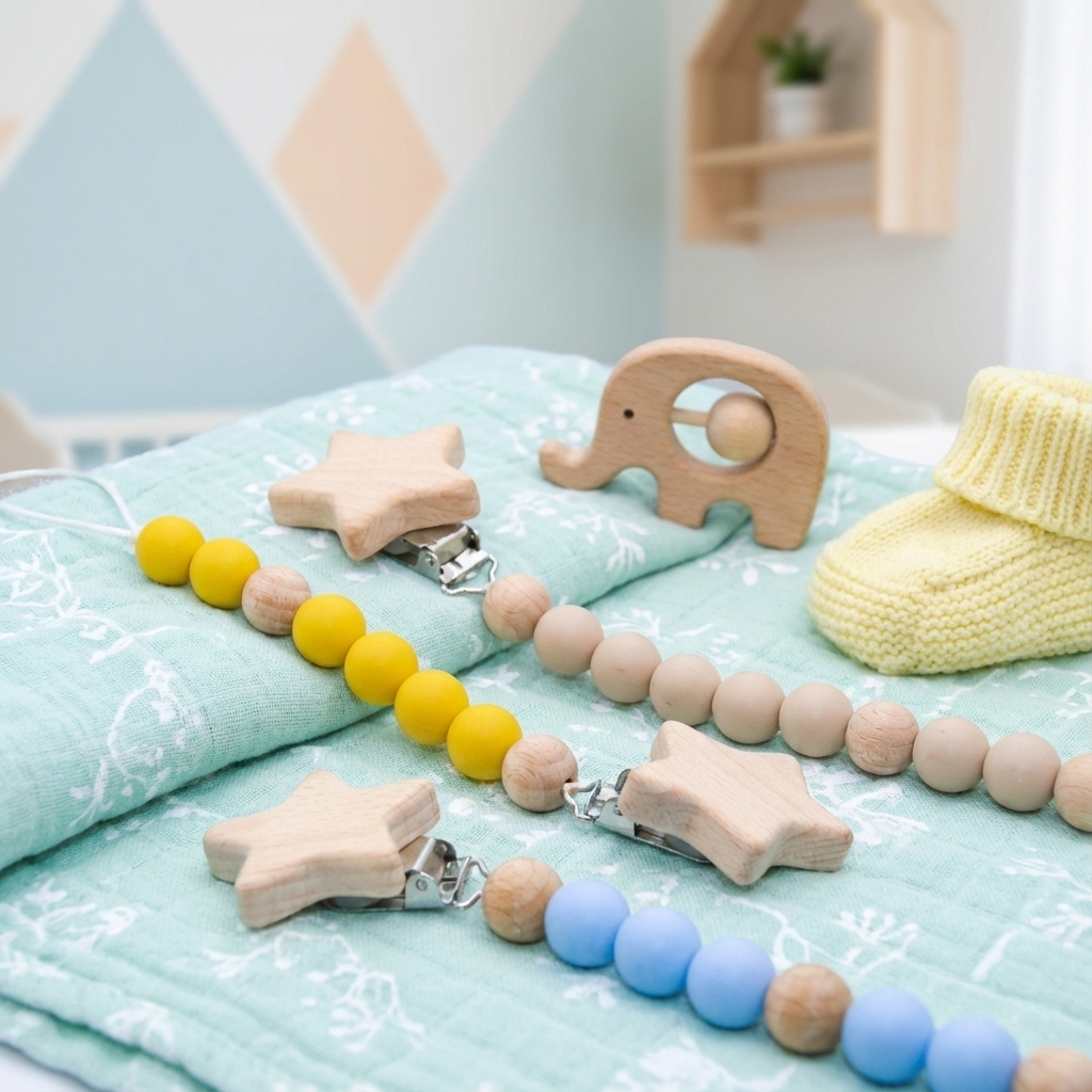 Three wooden pacifier clips with silicone beads in yellow, beige, and blue, each featuring a wooden star and clip.