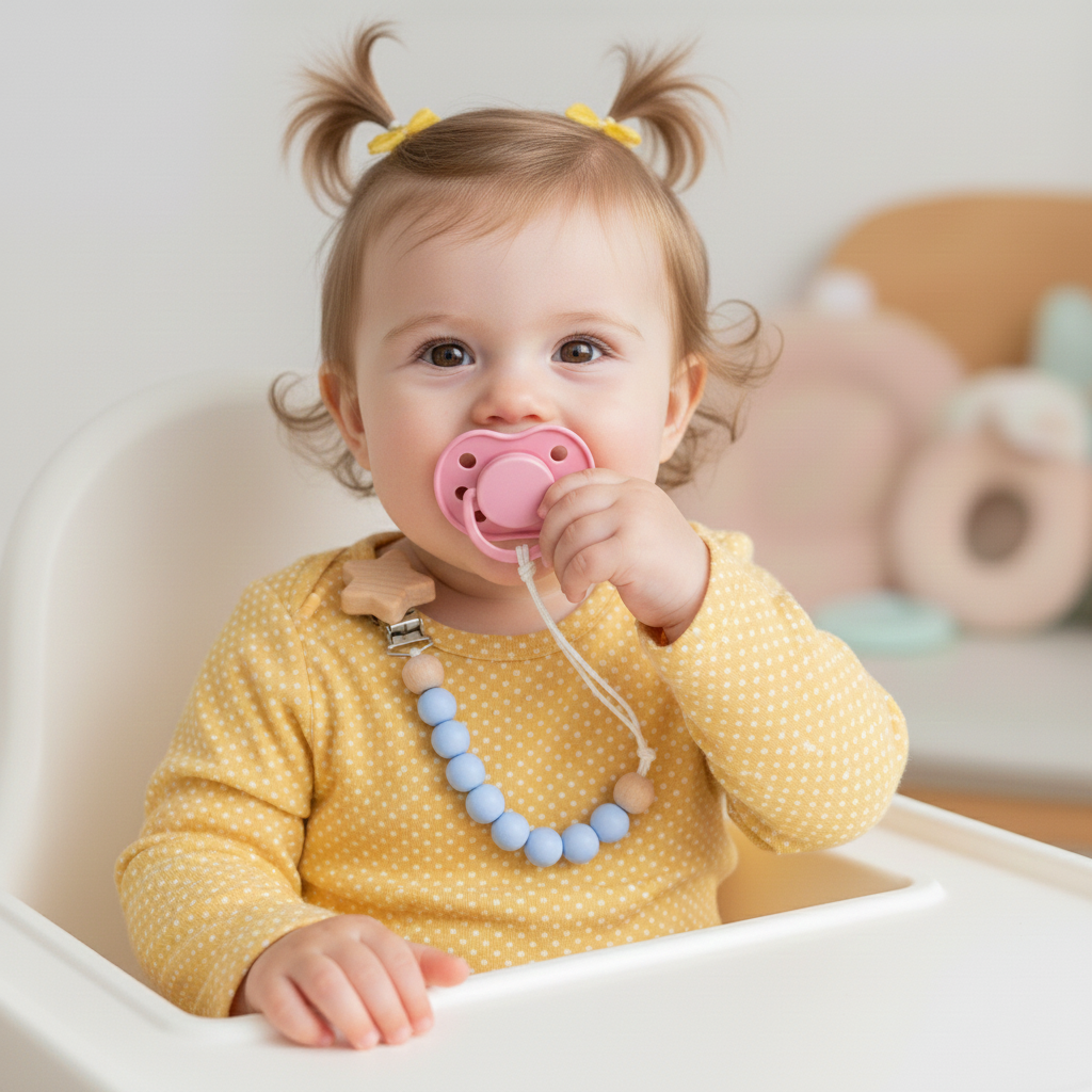 Pink pacifier attached to a blue beaded pacifier clip worn by a baby in a yellow polka dot outfit.