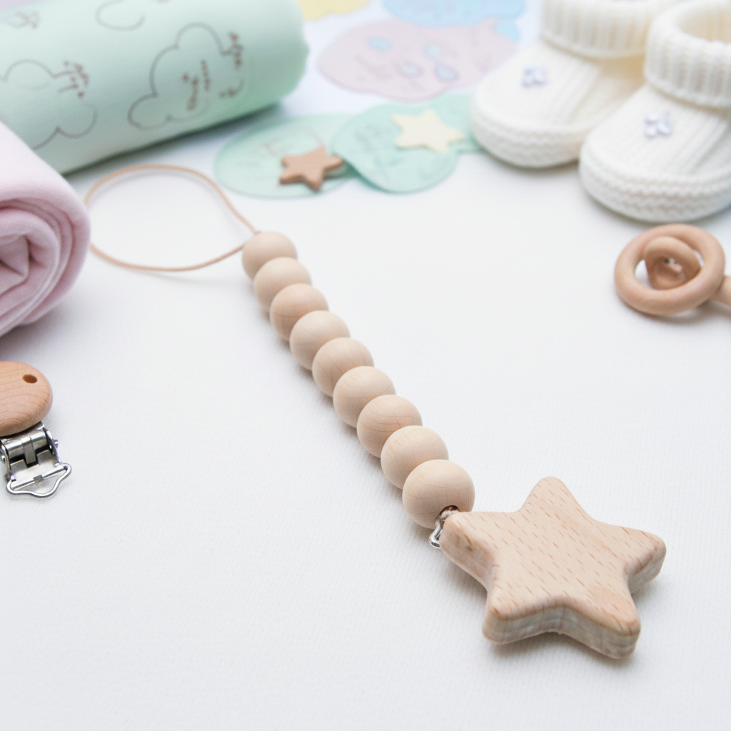Wooden pacifier clip with round beads and star-shaped teether on a white surface.
