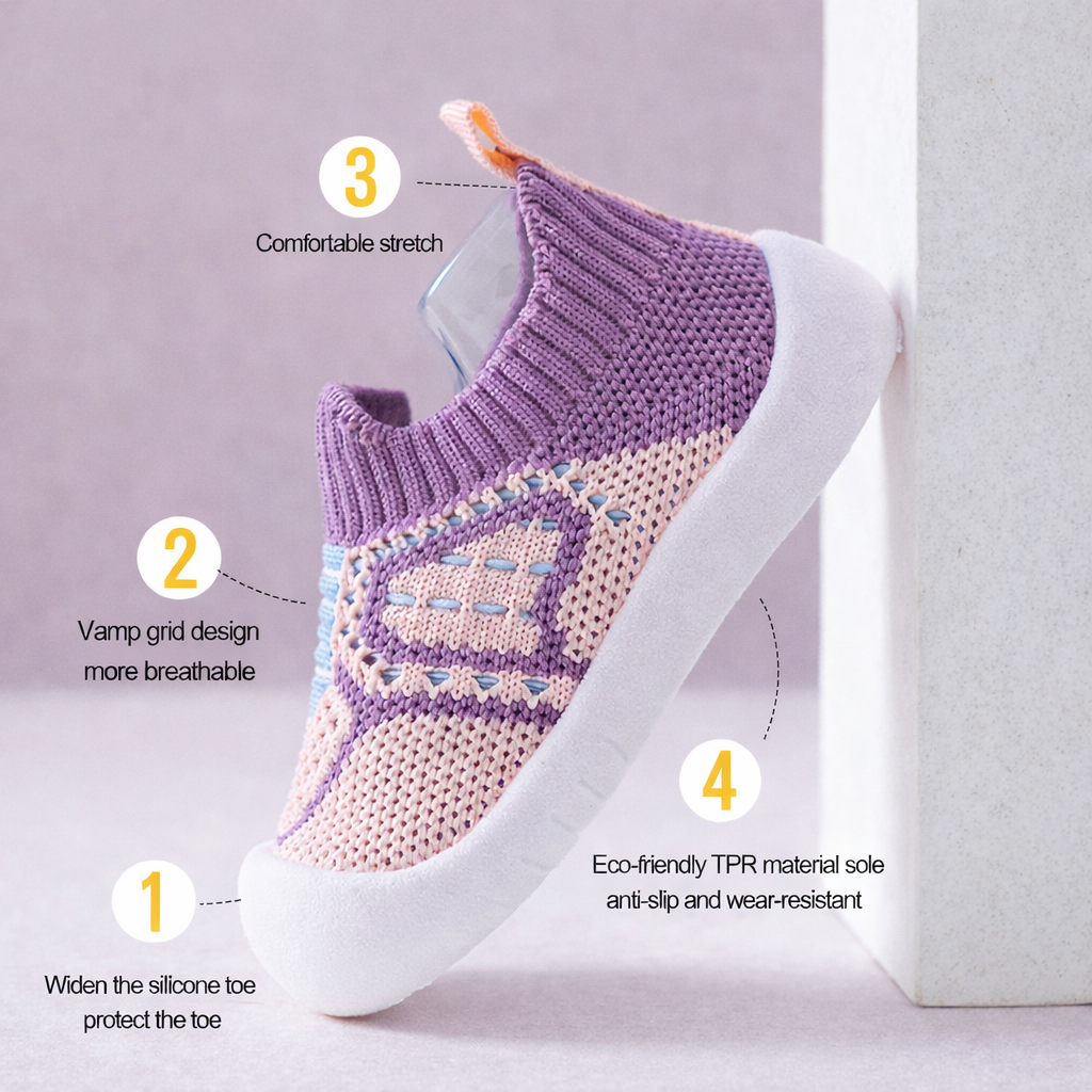 Purple and white sneaker with text highlighting features on a light purple background