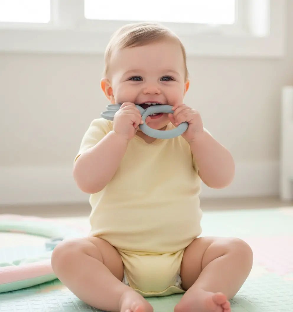 Blue rabbit-shaped silicone teether held by baby wearing yellow outfit sitting on floor.