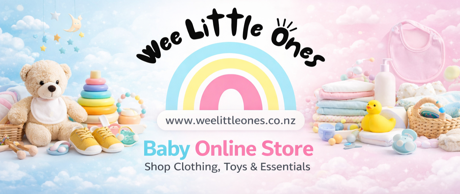Promotional banner for 'Wee Little Ones' baby online store with toys and a rainbow.