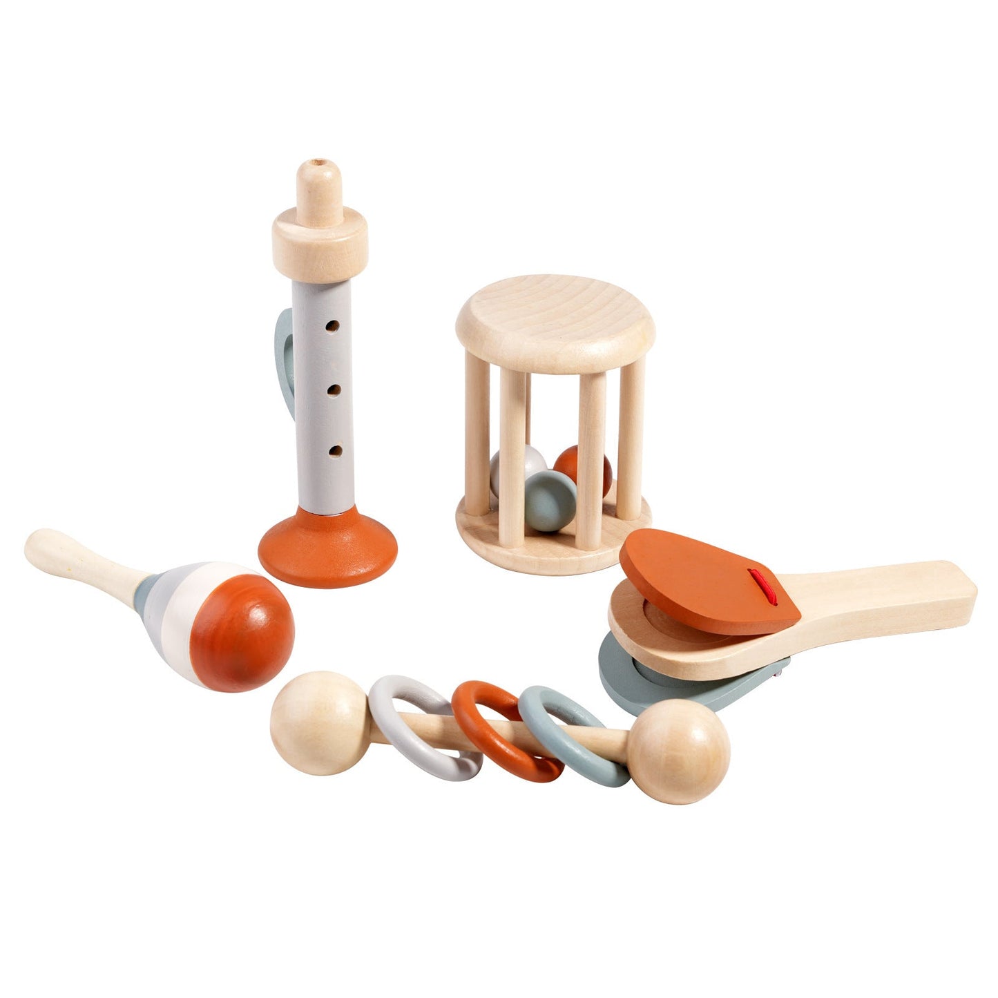 Wooden baby musical instrument toy set with rattle, maracas, drum, and tambourine in natural and orange tones.