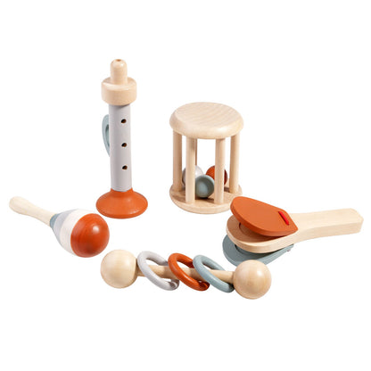 Wooden baby musical instrument toy set with rattle, maracas, drum, and tambourine in natural and orange tones.