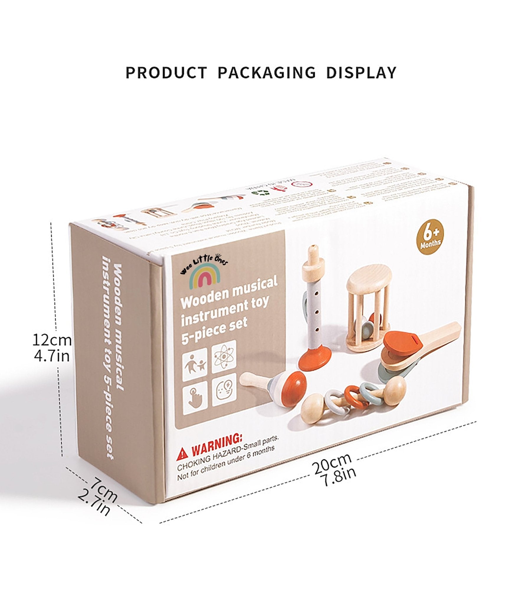 Wooden musical instrument toy set box with maracas, tambourine, and castanets for babies.